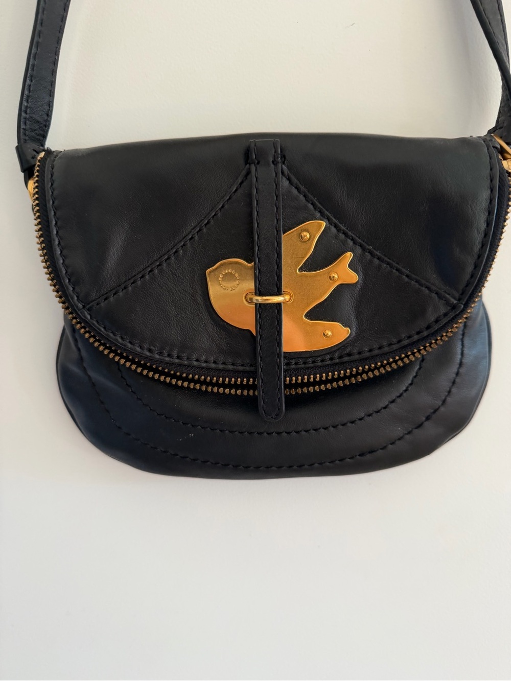 Black Leather Crossbody Bag with Gold Bird Accent